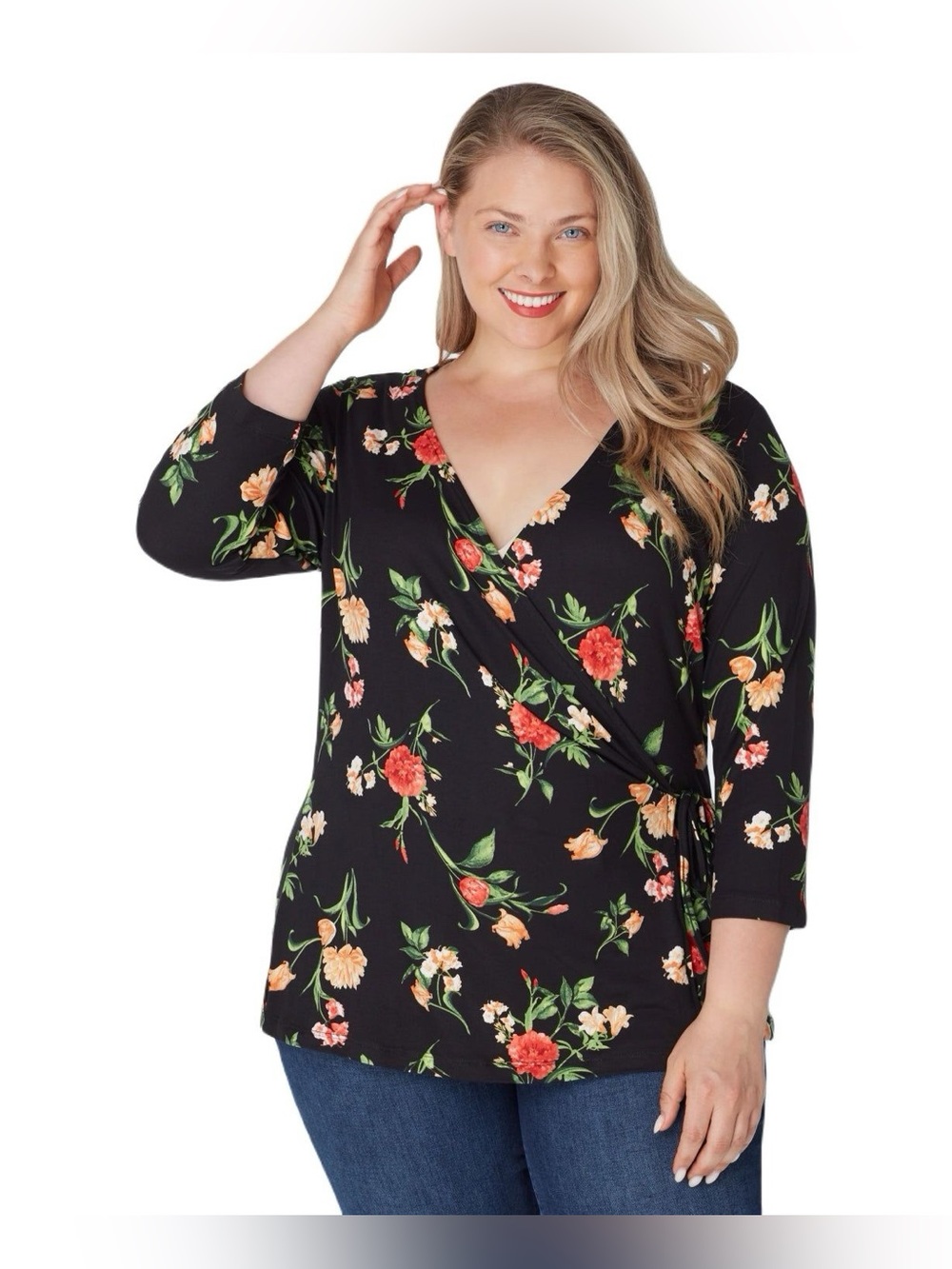NWOT Inner Beauty Women Size 2X Surplice Wrap Top  Black Floral 3/4 Sleeve